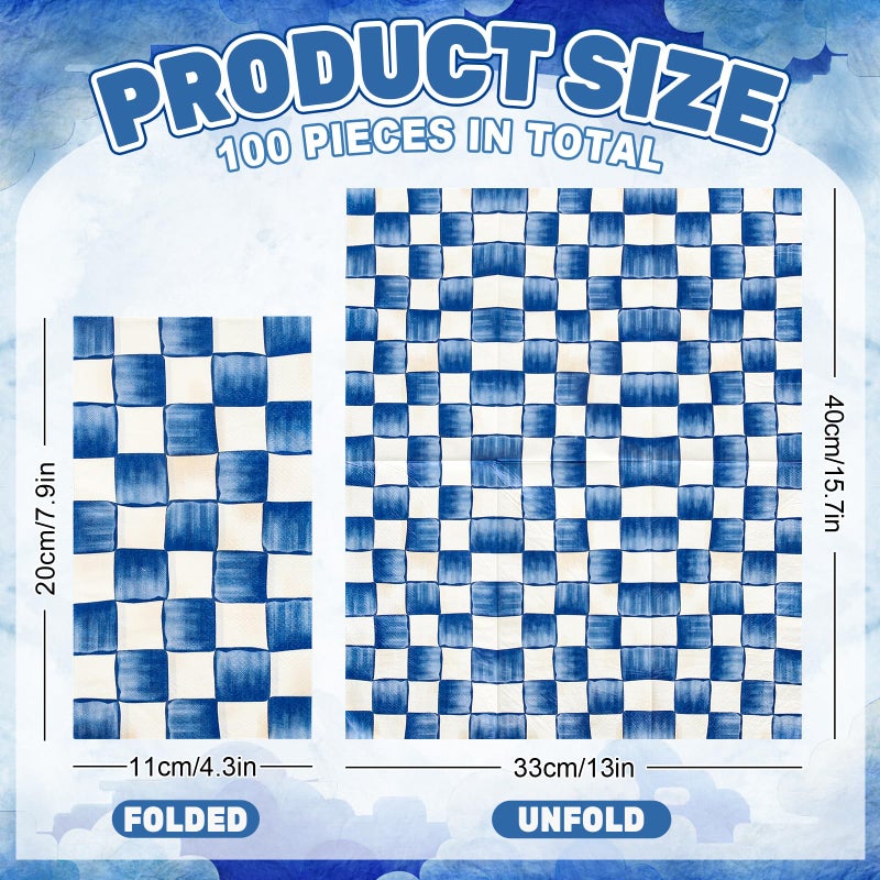 JarThenaAMCS 100 قطعة من مناديل الضيوف الزرقاء والأبيض المنقوشة باللون الأزرق الملكي والمناديل للاستعمال مرة واحدة بألوان مائية ومنشفة يدوية ومناديل ورقية للحمام والنزهة وحفلات أعياد الميلاد وحفلات ديكور الطاولة - Image 2